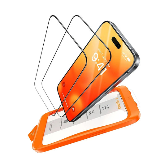 TORRAS GlassGo screen protector for iPhone 14 with InstaFit installation tool.