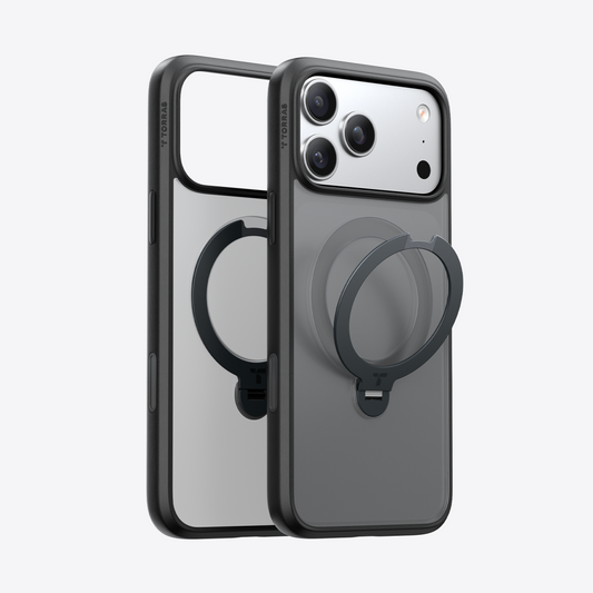 Black TORRAS Ostand Q3 Spin case for iPhone 17 Pro with integrated 360° magnetic spin stand.