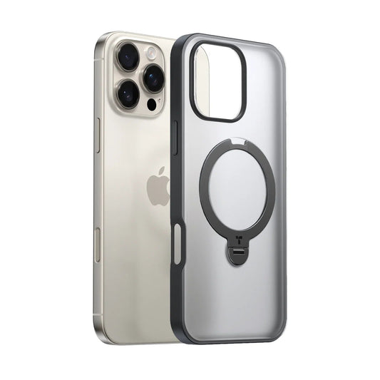 Transparent TORRAS Ostand Q3 Spin case for iPhone 16 Pro with 360° magnetic stand.