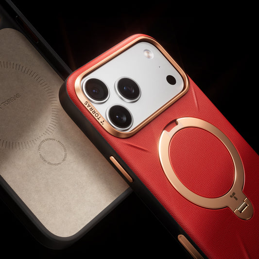 TORRAS Ostand Q3 Red Edition Vegskin iPhone 17 Series case with patented design & gold ring stand.