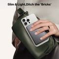 Slim & Light TORRAS MiniMag Power Bank shown with phone and green purse.