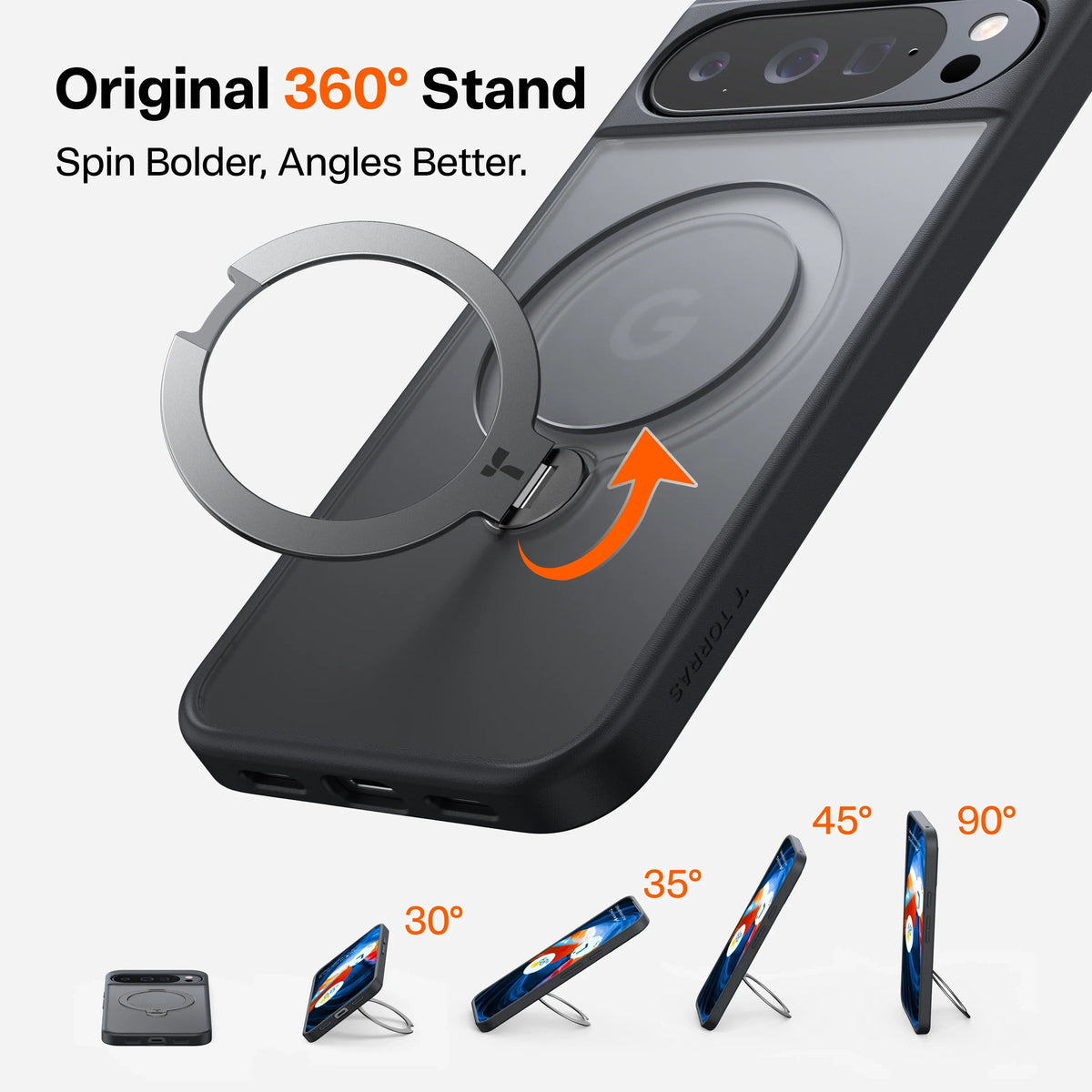 TORRAS Ostand Q3 Spin case for Google Pixel with 360° magnetic stand, showing 30°-90° angles.