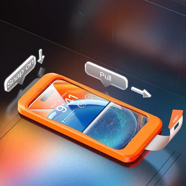 Easy installation guide for iPhone 14 screen protector with orange frame, showing 'Snap on' & 'Pull'.