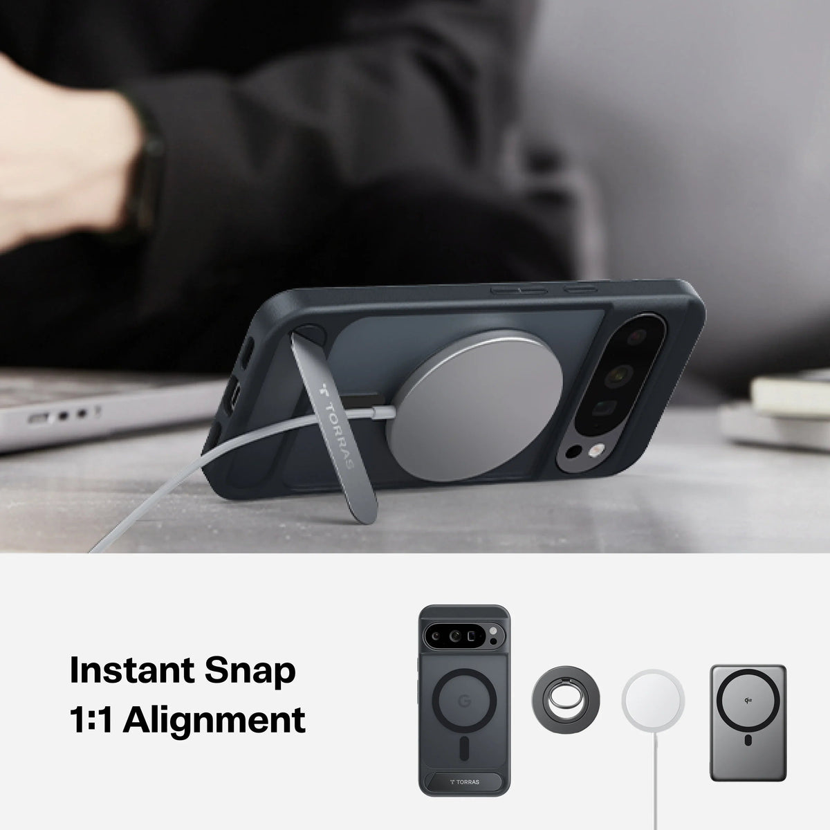 TORRAS Ostand L1 magnetic stand case for Pixel 10/10 Pro with instant snap alignment.