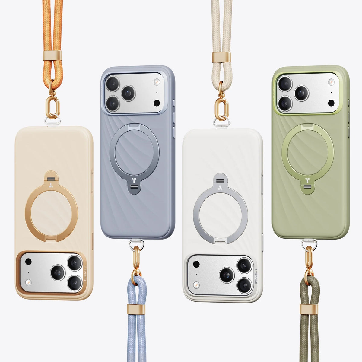 TORRAS Ostand Q3 Silicone Wind Limited iPhone 17 Pro Max cases in beige, blue, white, green with lanyards.