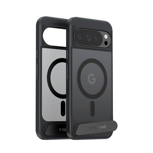 TORRAS Ostand L1 minimalist black case for Pixel 10 Pro with magnetic ring & kickstand.