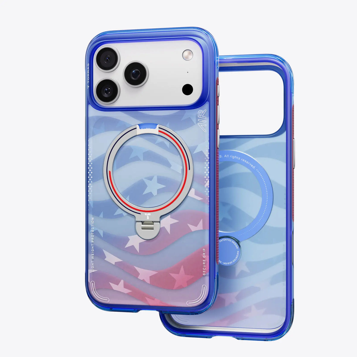 TORRAS Ostand Q3 Air case with a US flag print and red-blue ring stand