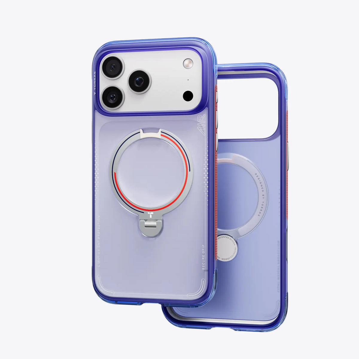 TORRAS Ostand Q3 Air Football Limited case for iPhone 17 Pro, clear purple, blue bumper.