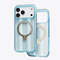 TORRAS Ostand Q3 Air case for iPhone 16 Pro Max, clear blue with gold ring stand.
