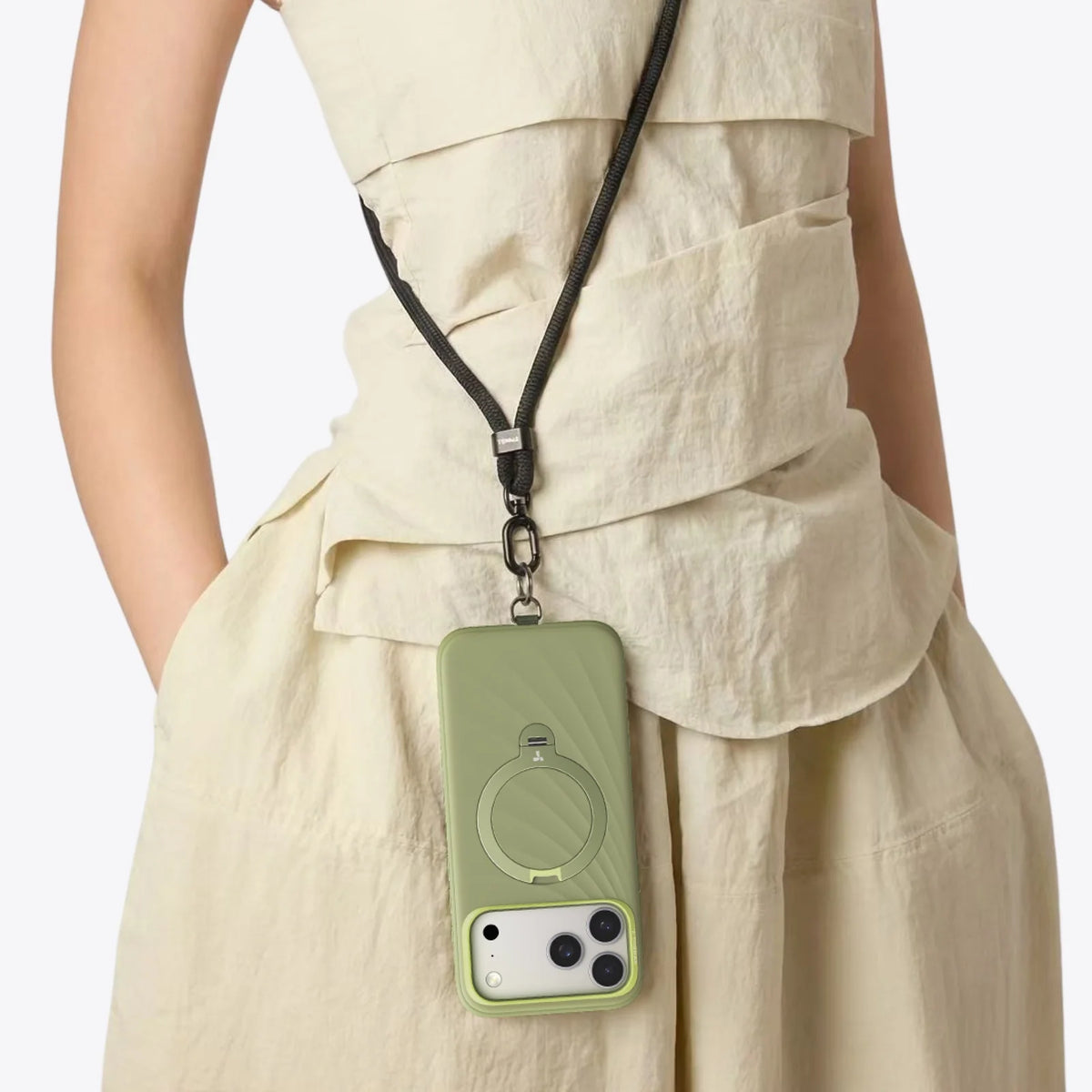 TORRAS Ostand Q3 silicone case in light green with ring stand & lanyard, for iPhone 17 Pro Max.