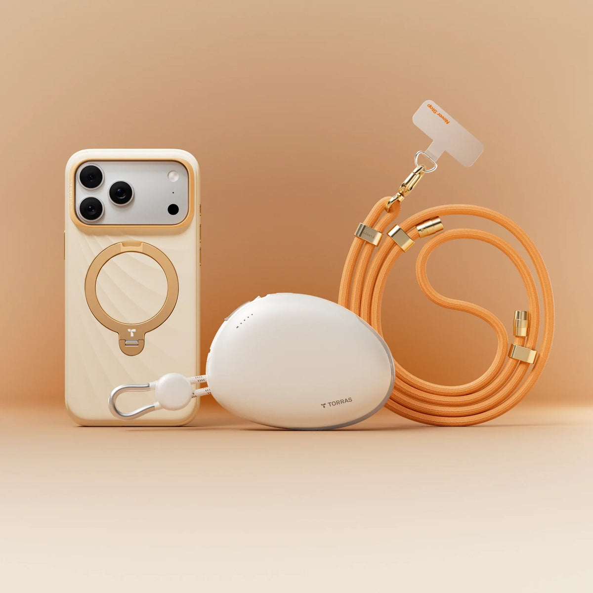 TORRAS Ostand Q3 Silicone case for iPhone 17 Pro Max with magnetic stand and orange lanyard.