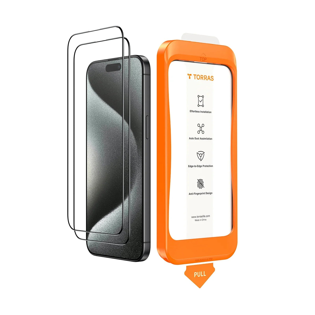 TORRAS iPhone 15 Pro screen protector pack: tempered glass, InstaFit installation, anti-fingerprint
