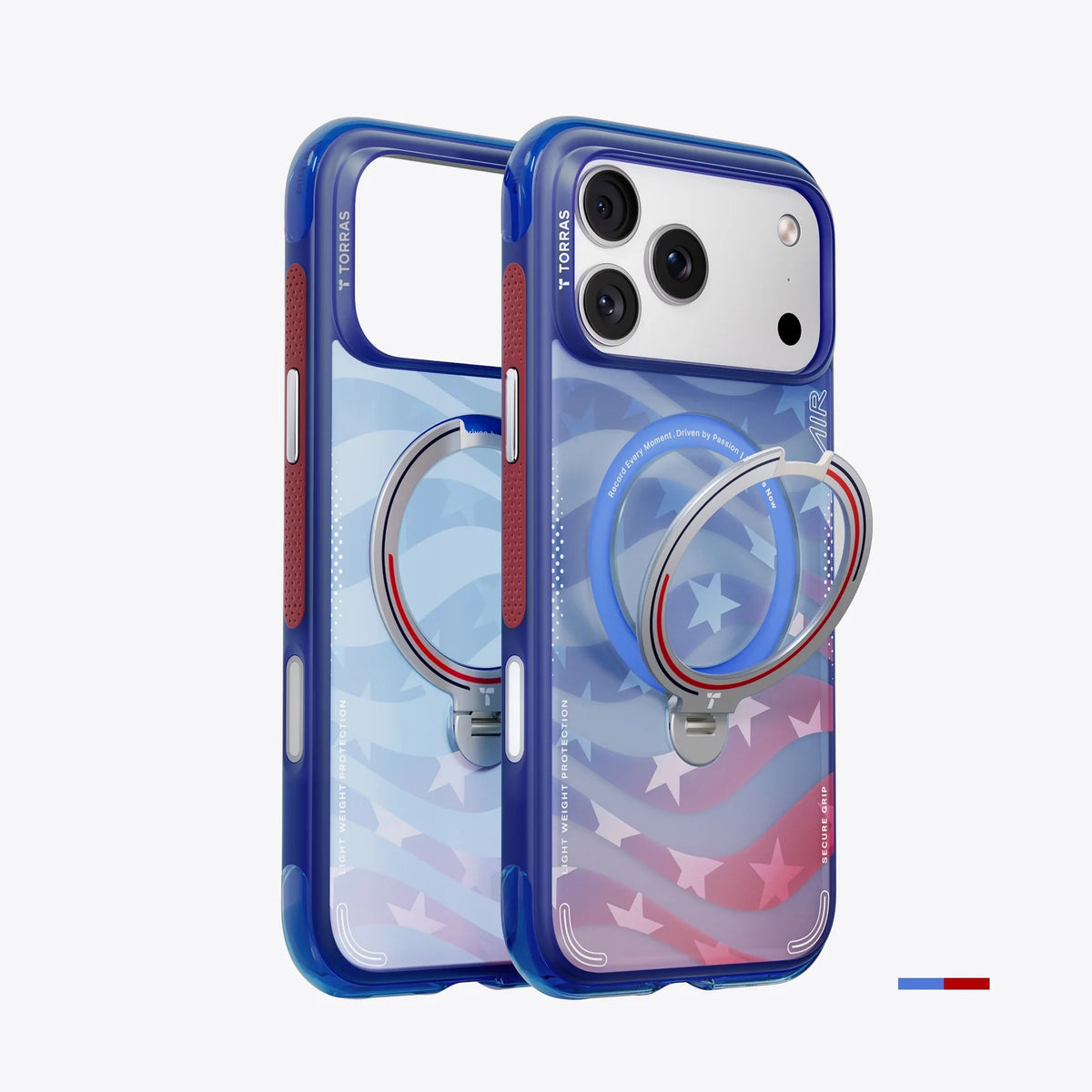 TORRAS Ostand Q3 Air iPhone 17 Pro case: blue flag design, magnetic stand.