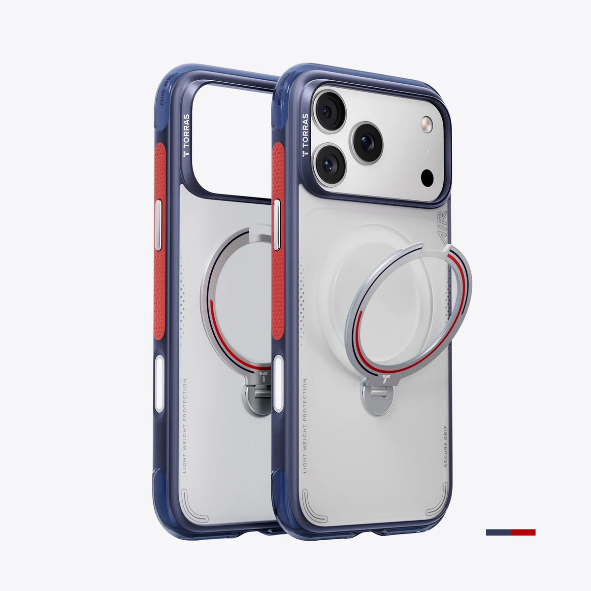 TORRAS Ostand Q3 Air Football Limited iPhone 17 Pro case with blue frame, red grip, and ring stand.