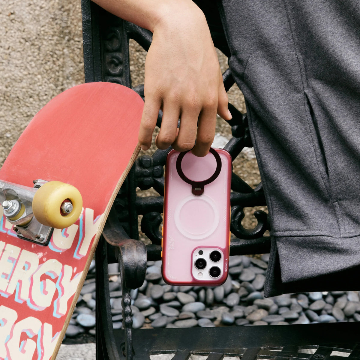 Pink TORRAS Ostand Q3 Air magnetic case for iPhone 16 Pro Max with integrated ring stand.