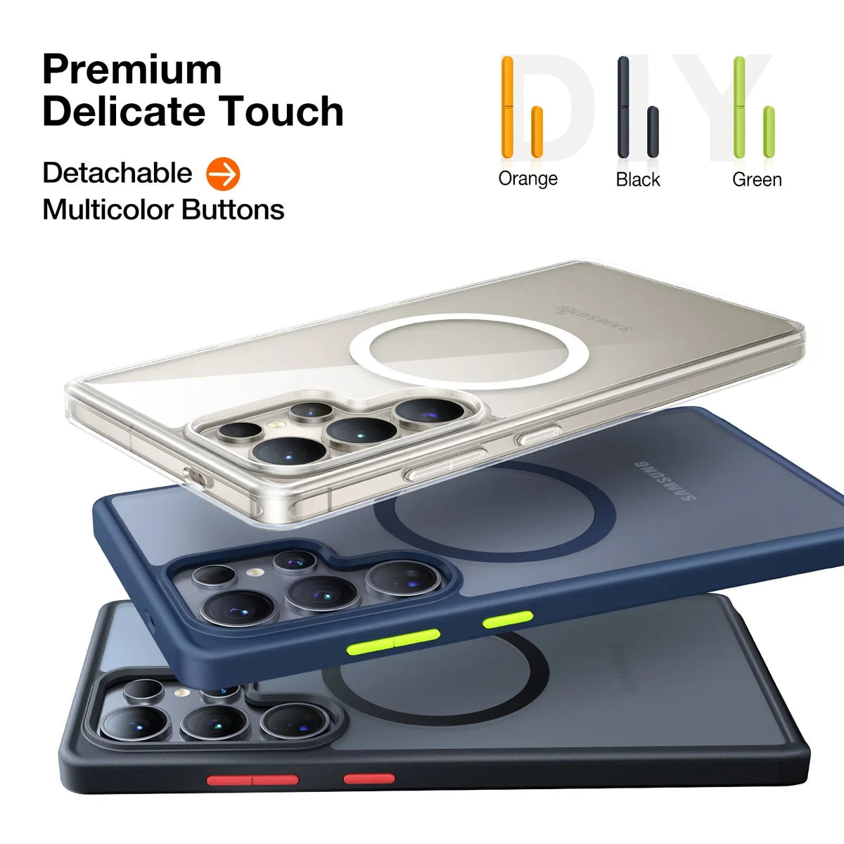 TORRAS Guardian-Mag Samsung S25 Ultra MagSafe case, clear/navy/black with multicolor buttons.