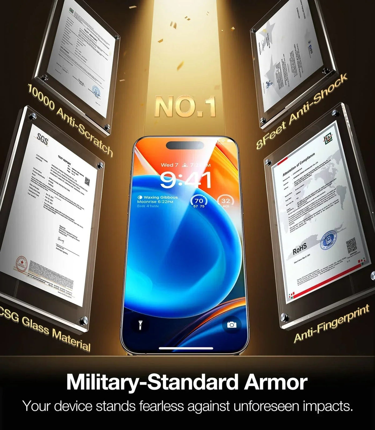 TORRAS GlassGo iPhone 14 protector: military-grade, 10000 anti-scratch, 8ft anti-shock, anti-fingerprint.
