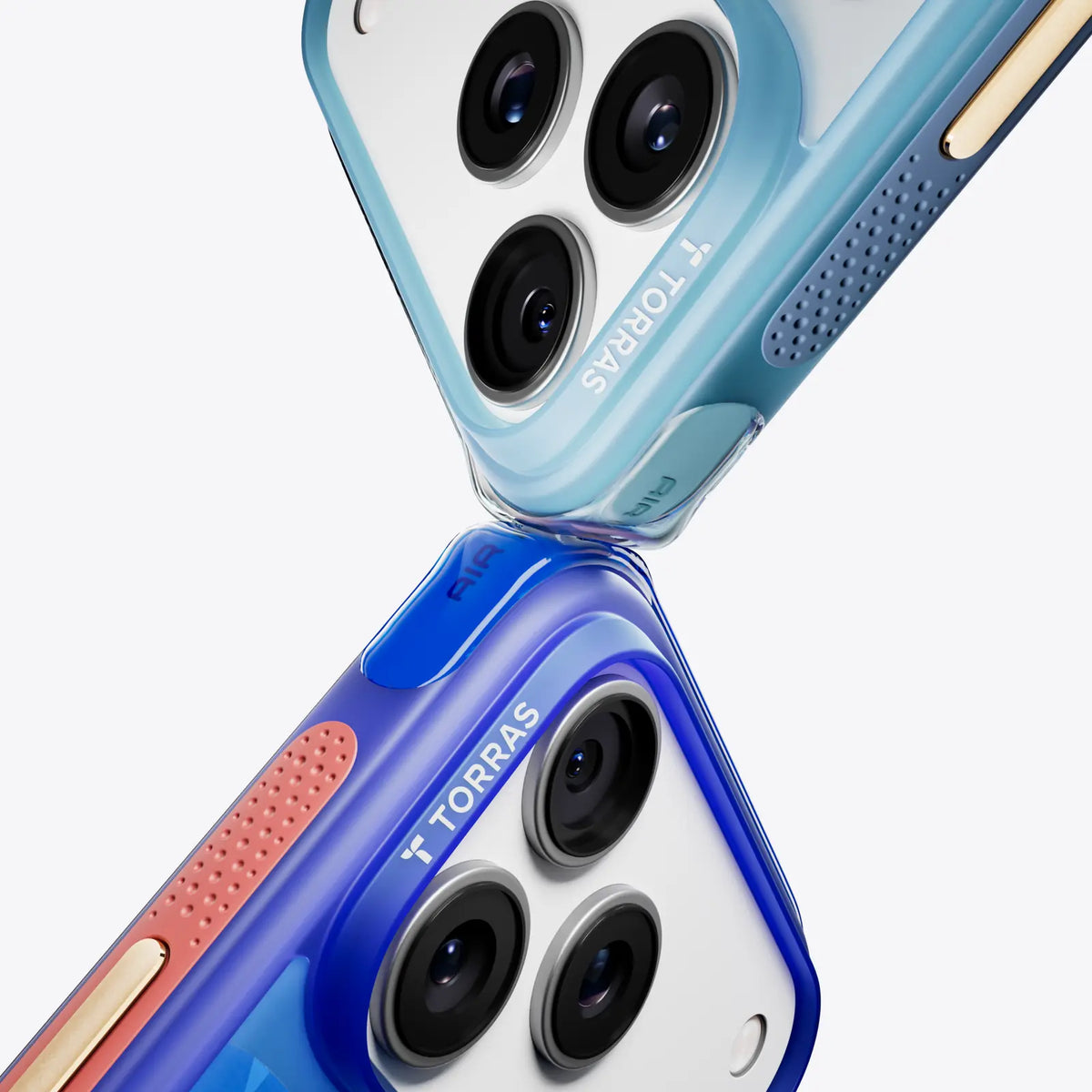 TORRAS Ostand Q3 Air cases for iPhone 16 Pro Max in blue and light blue, featuring 'AIR' text.