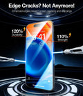 TORRAS GlassGo tempered glass screen protector for iPhone 14 preventing edge cracks, 120% durability.