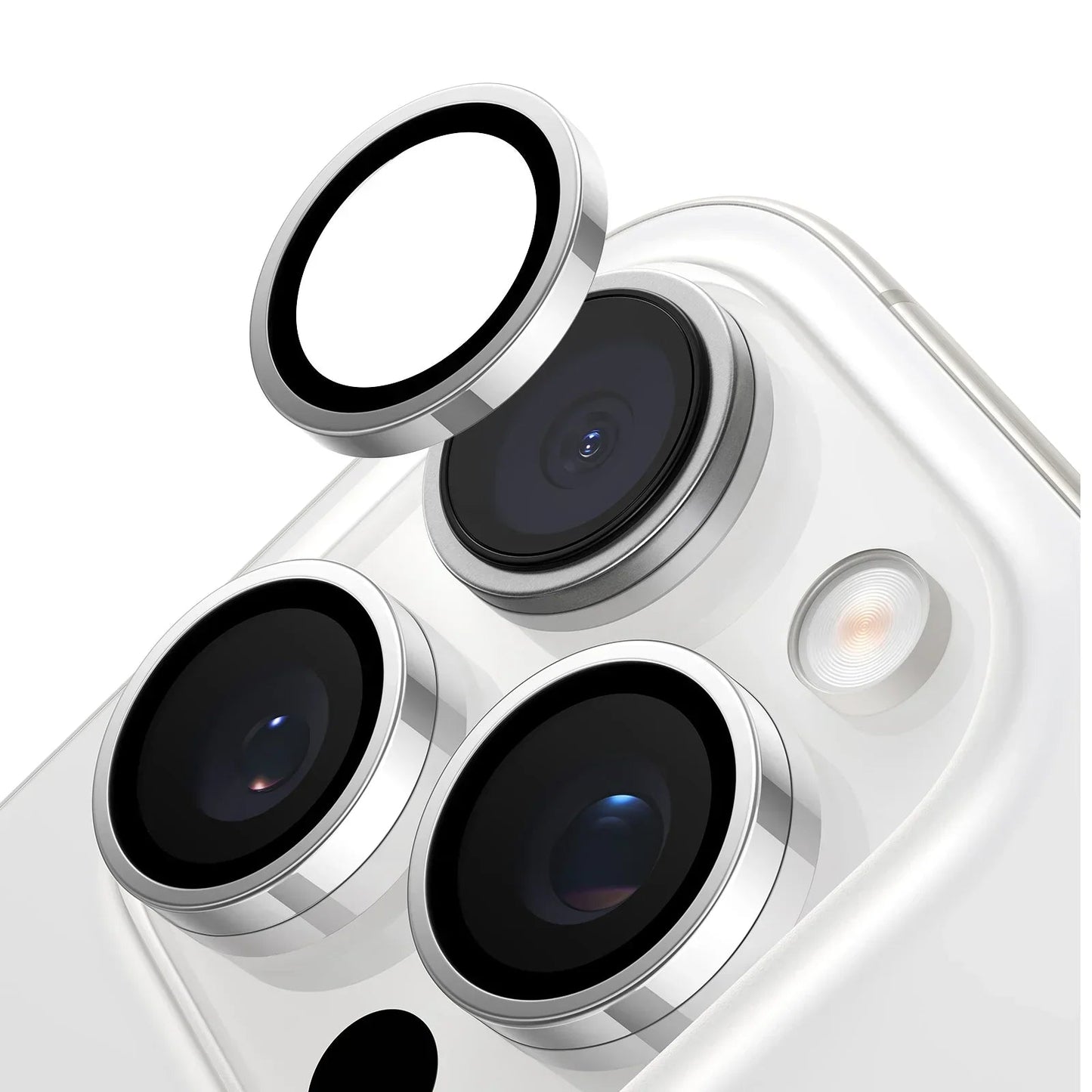 TORRAS Lensguard camera protector for iPhone 16 Pro Max, silver ring around rear lenses.
