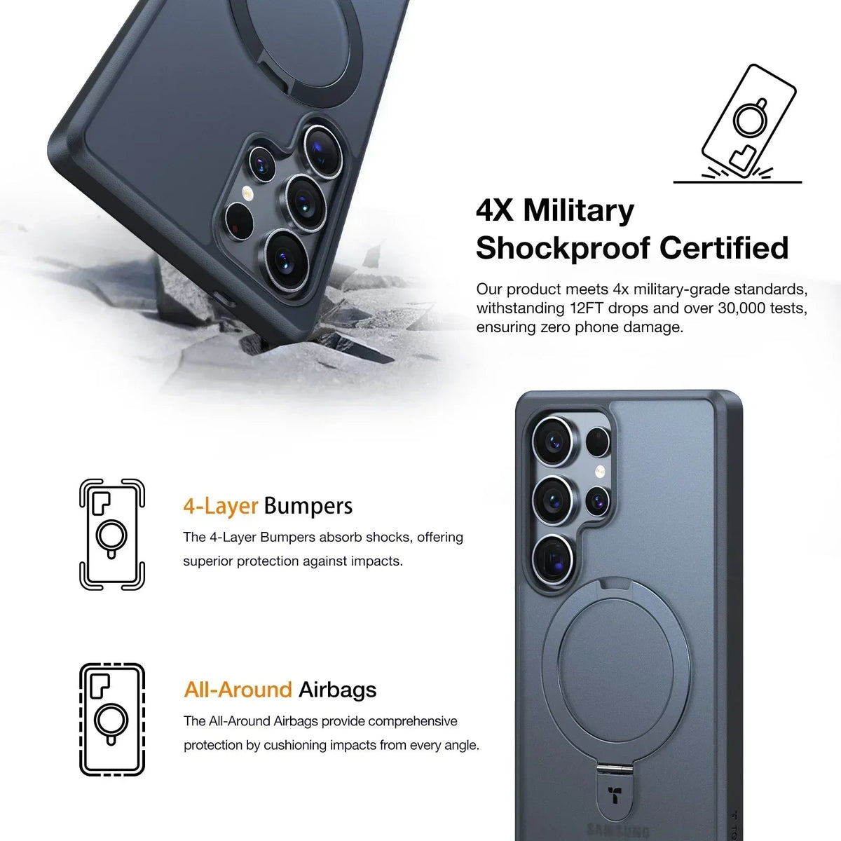 TORRAS Ostand Q1 Guardian Samsung S25 Ultra case with magnetic stand, 4X shockproof certified.