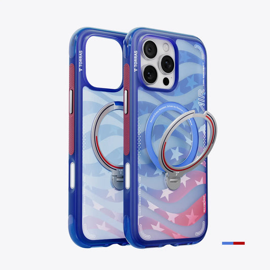 TORRAS Ostand Q3 Air iPhone 16 Pro case with USA flag stars, ring stand, and lightweight protection.