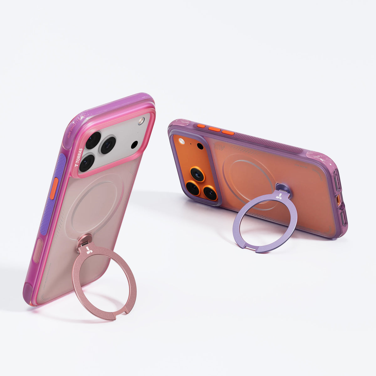 Two TORRAS Ostand Q3 Air colorblock iPhone 17 Pro cases with ring stands in purple and rose gold.