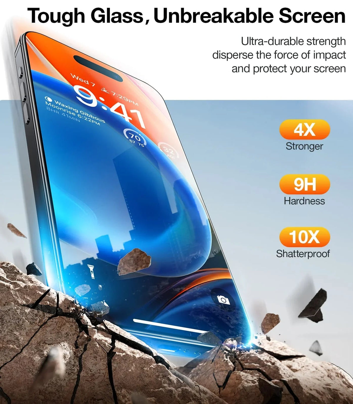 TORRAS GlassGo iPhone 13 screen protector: unbreakable tempered glass, 4X stronger, 9H hardness, 10X shatterproof.