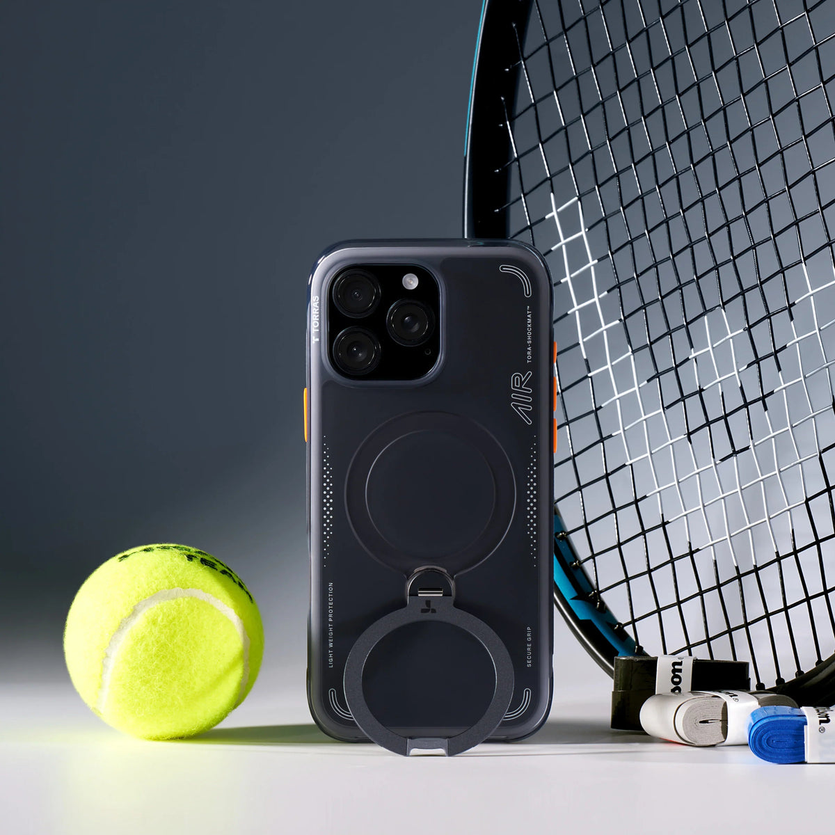 TORRAS Ostand Q3 Air iPhone 16 Pro case: dark grey, ring stand, light weight, secure grip.