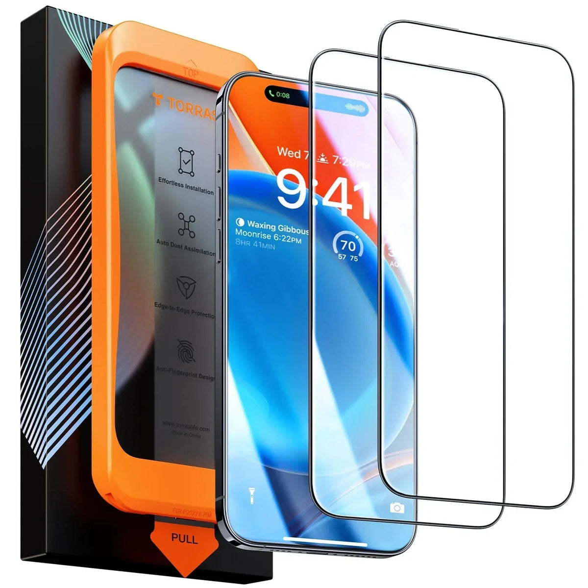 TORRAS GlassGo screen protector for iPhone 14 with tempered glass, installation tool, and anti-fingerprint coating.