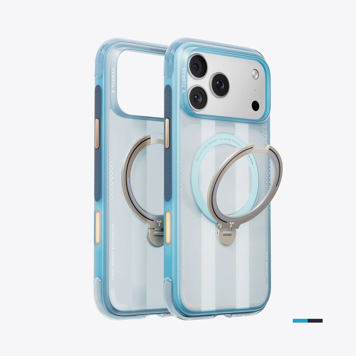 TORRAS Ostand Q3 Air iPhone 17 Pro case: lightweight, protective, with blue trim and ring stand.