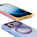 TORRAS Ostand O3 Air Bios case for iPhone 18 Pro/Pro Max in yellow and pink stacked over blue and purple, top-down view