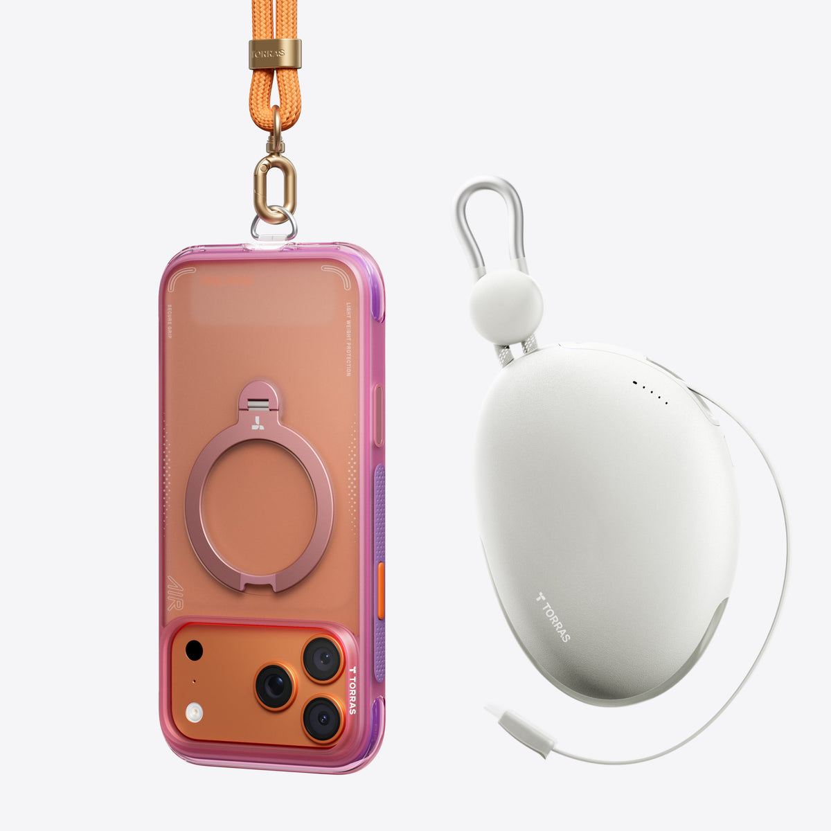 TORRAS Ostand Q3 Air iPhone 17 Pro colorblock case with magnetic stand and orange lanyard
