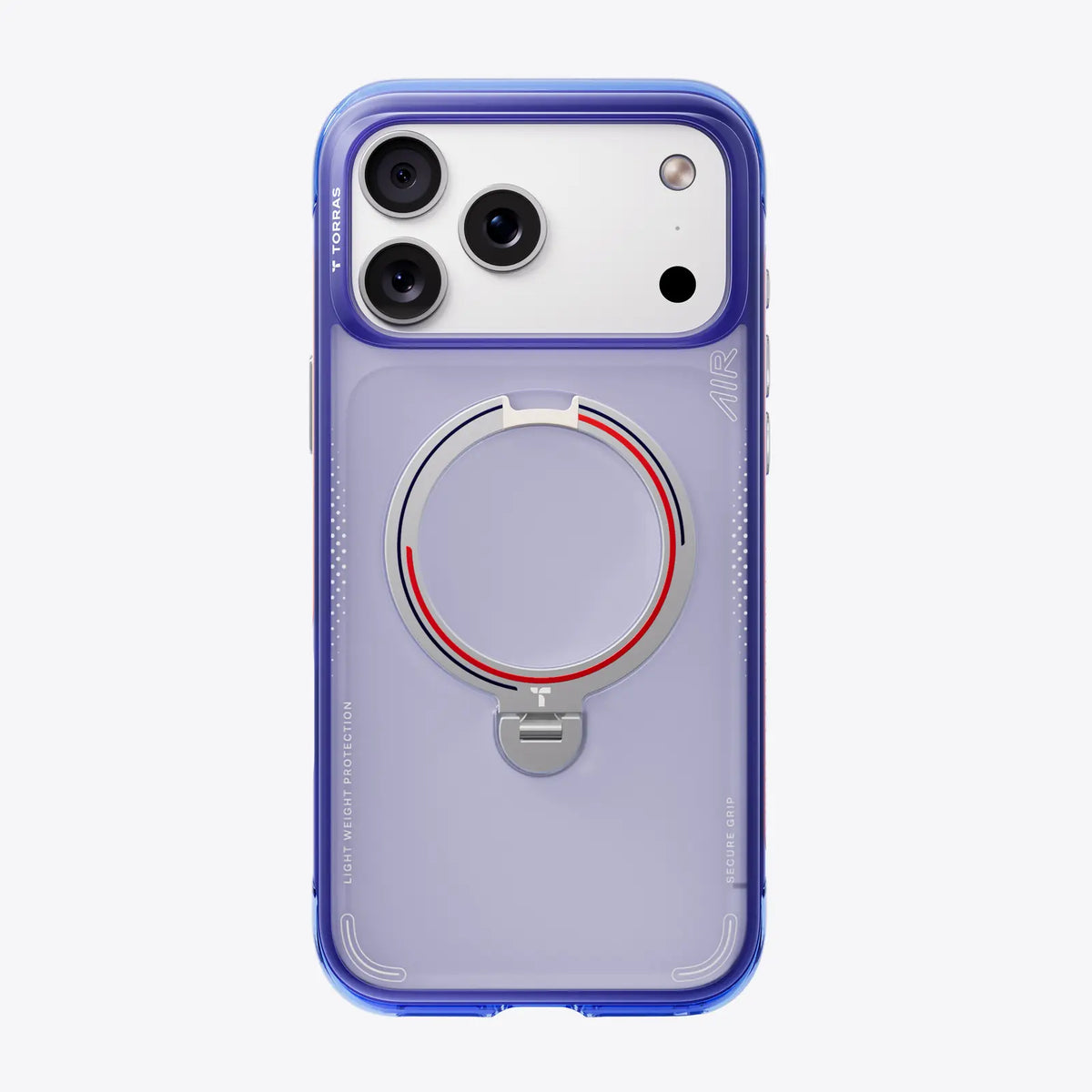 TORRAS Ostand Q3 Air case for iPhone 17 Pro with blue bumper, ring stand, light protection.