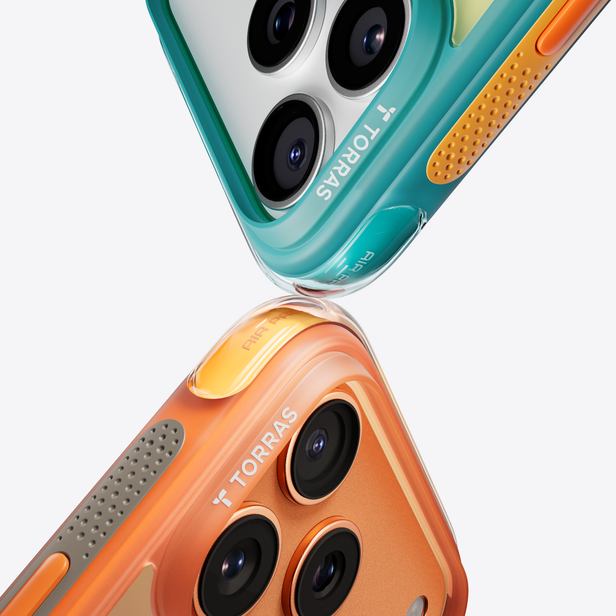 TORRAS Ostand Q3 Air Colorblock iPhone 17 Pro case in teal and orange with magnetic stand