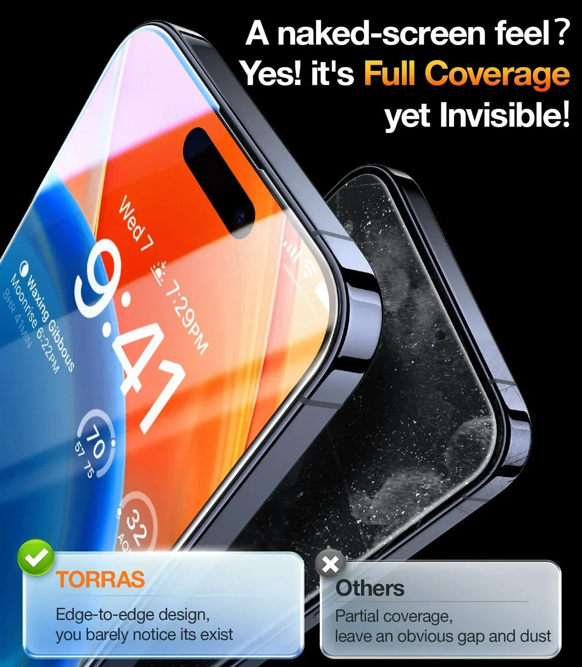 TORRAS full coverage tempered glass screen protector for iPhone 14, edge-to-edge invisible design.