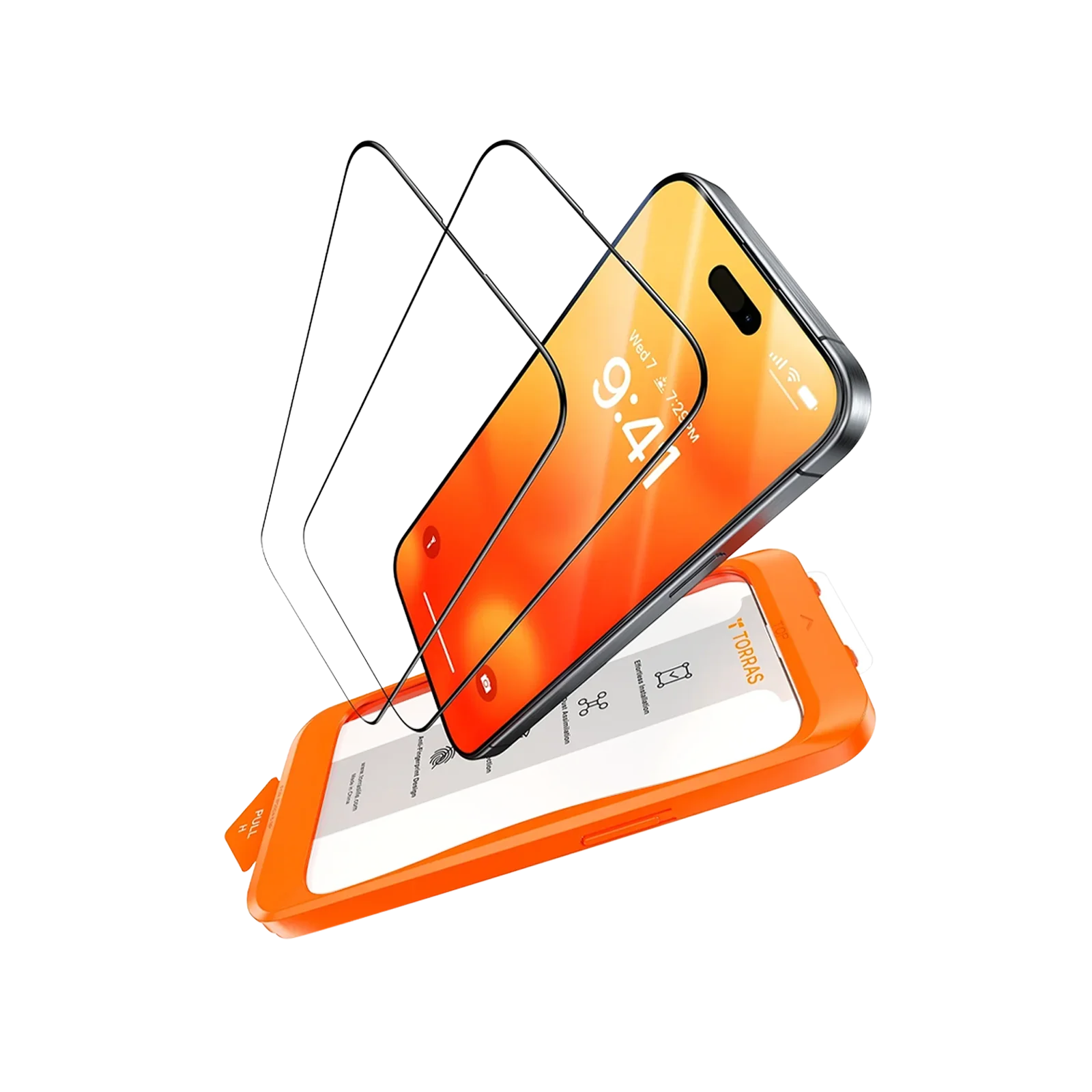 TORRAS GlassGo iPhone 13 screen protector, tempered glass with orange install frame.