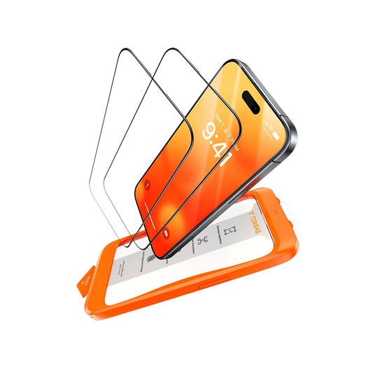 TORRAS GlassGo iPhone 13 screen protector, tempered glass with orange install frame.