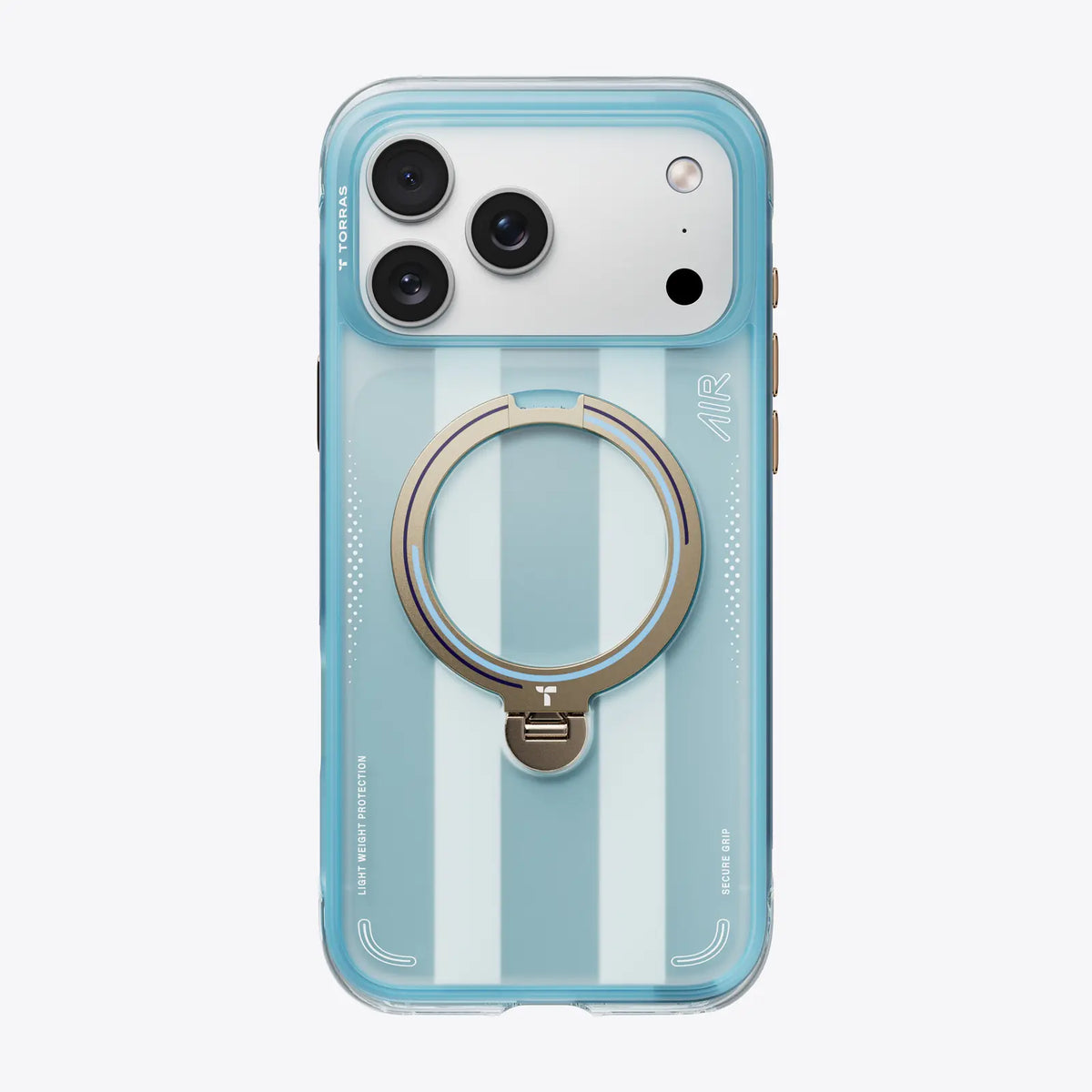 TORRAS Ostand Q3 Air case in light blue stripes with a champagne ring stand