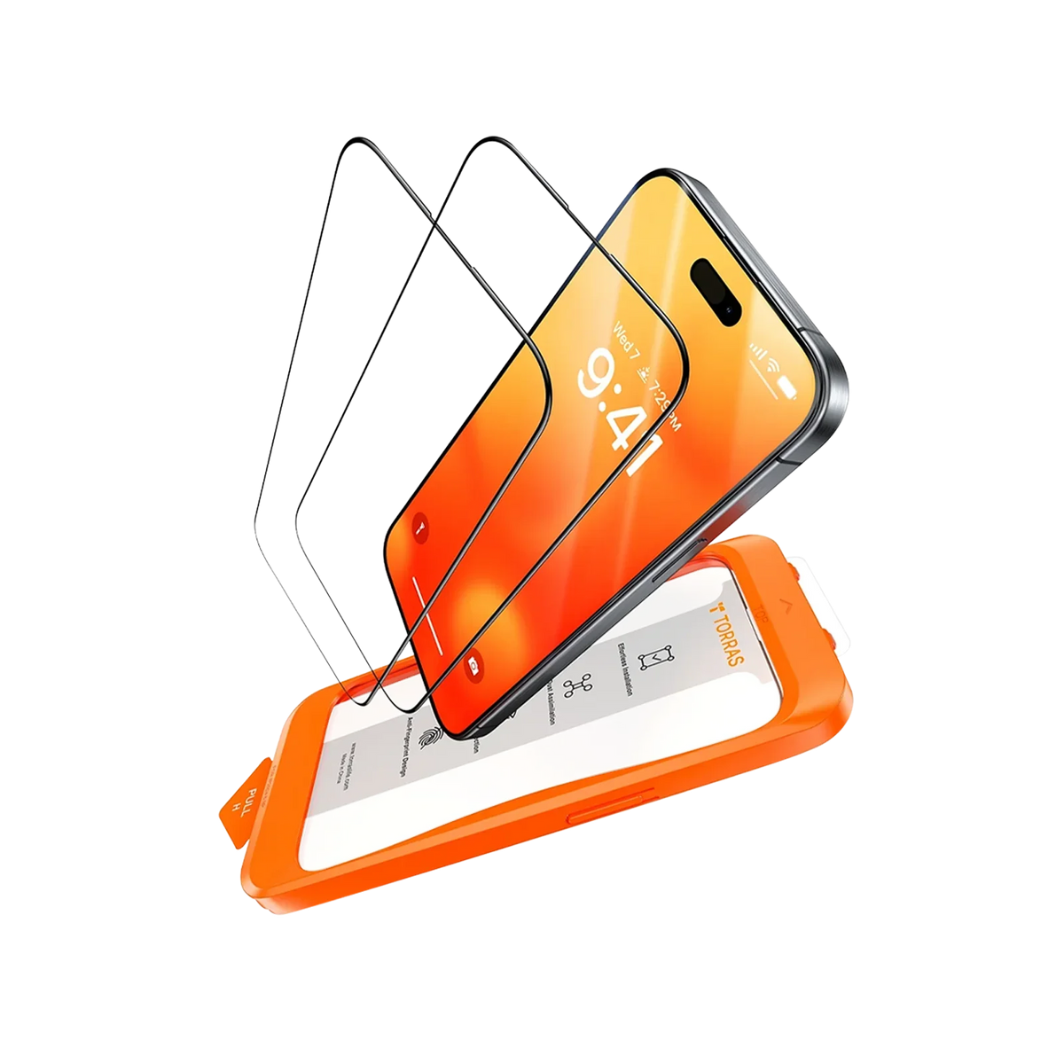 TORRAS GlassGo iPhone 14 screen protector installation with orange jig. Tempered glass.