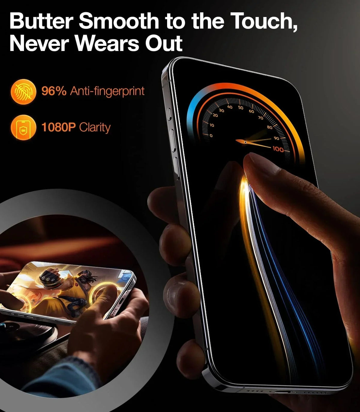 TORRAS GlassGo iPhone 14 screen protector: tempered glass, 9H, 96% anti-fingerprint, 1080P clarity.