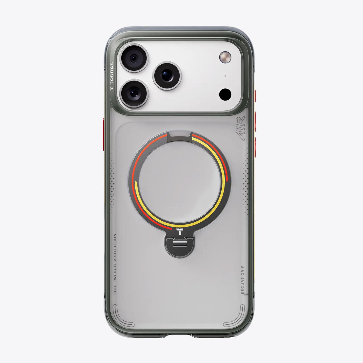 TORRAS Ostand Q3 Air case in grey with a red-and-gold gradient ring stand