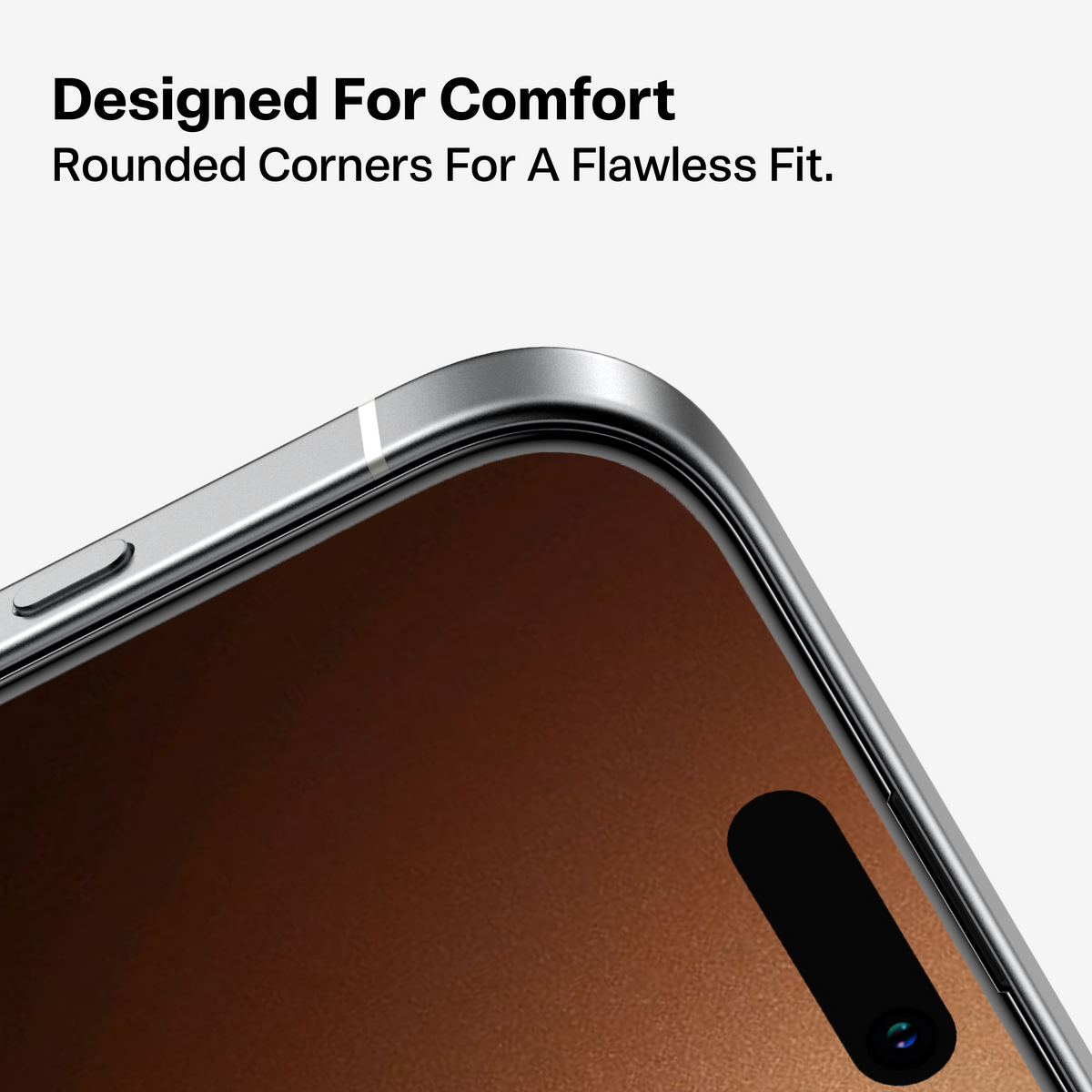GlassGo iPhone 17 Pro protector: 'Designed For Comfort', rounded edges fit.