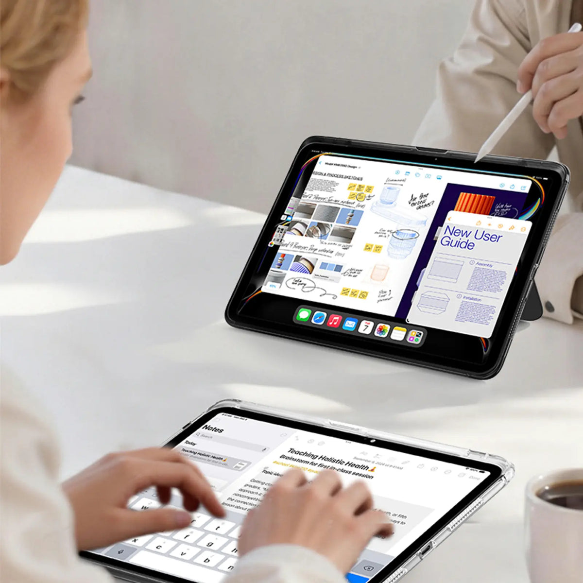 TORRAS Ostand K3 Neo case w/ stand & pencil holder for iPad mini 6/7 showing sketches.
