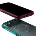 TORRAS Ostand Q3 Air case for iPhone 18 Pro/Pro Max in burgundy and sage green, stacked top-down view