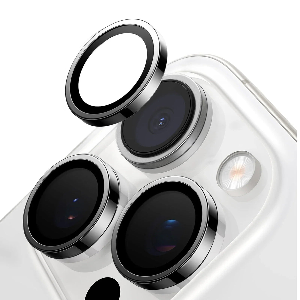 TORRAS Lensguard camera protectors for iPhone 16 Pro Max, silver metal rings.