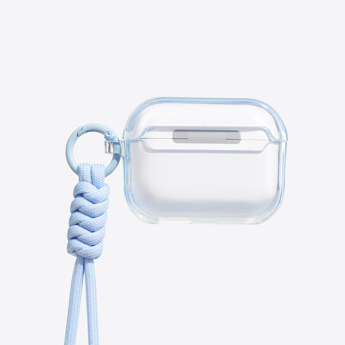 TORRAS O3Light clear AirPods 3 case with light blue lanyard and carabiner clip.