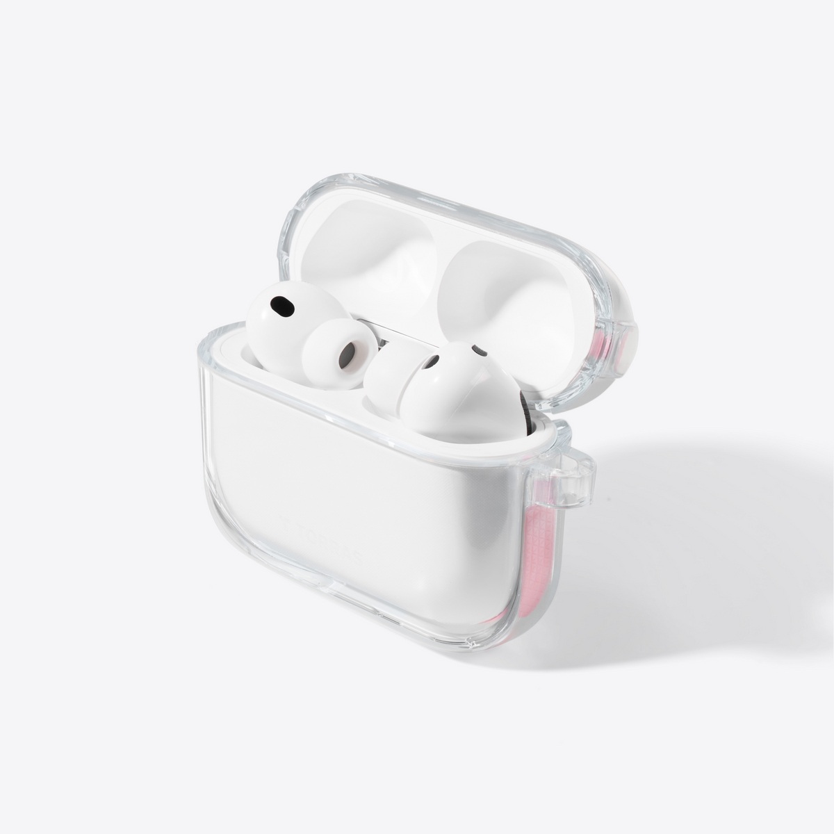 TORRAS O3Light transparent AirPods protective case with pink hinge accent.