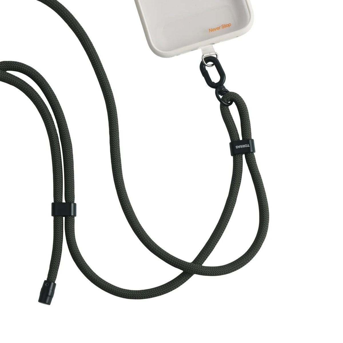 TORRAS LoopGo Flex dark braided crossbody phone lanyard with 'Never Stop' clear case