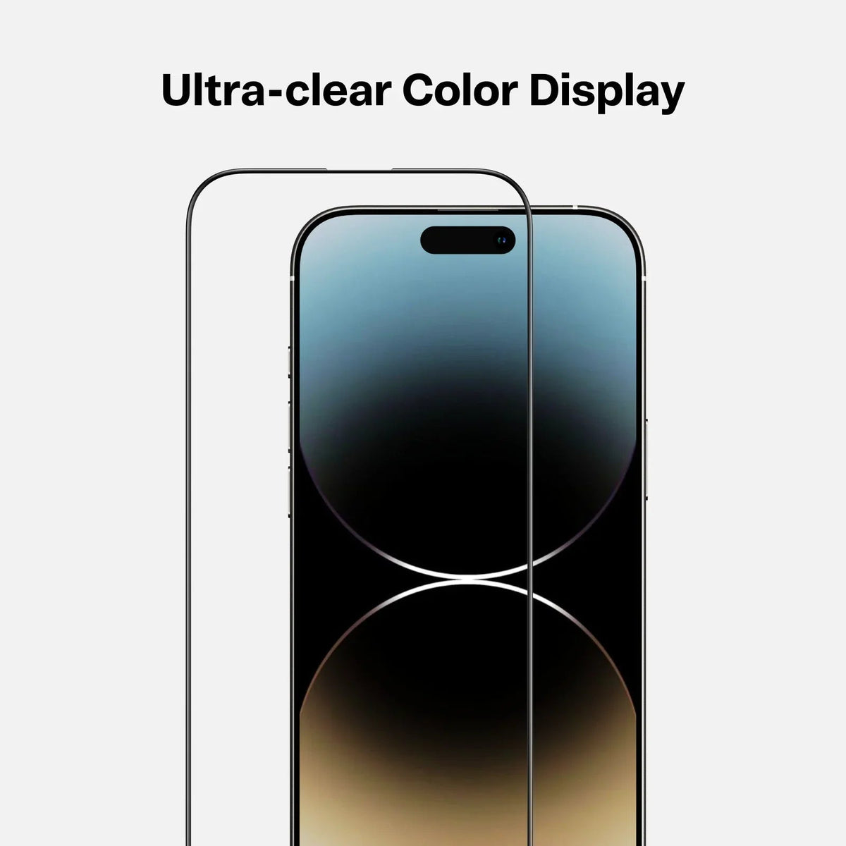 GlassGo screen protector for iPhone 14 Pro, highlighting ultra-clear color display.